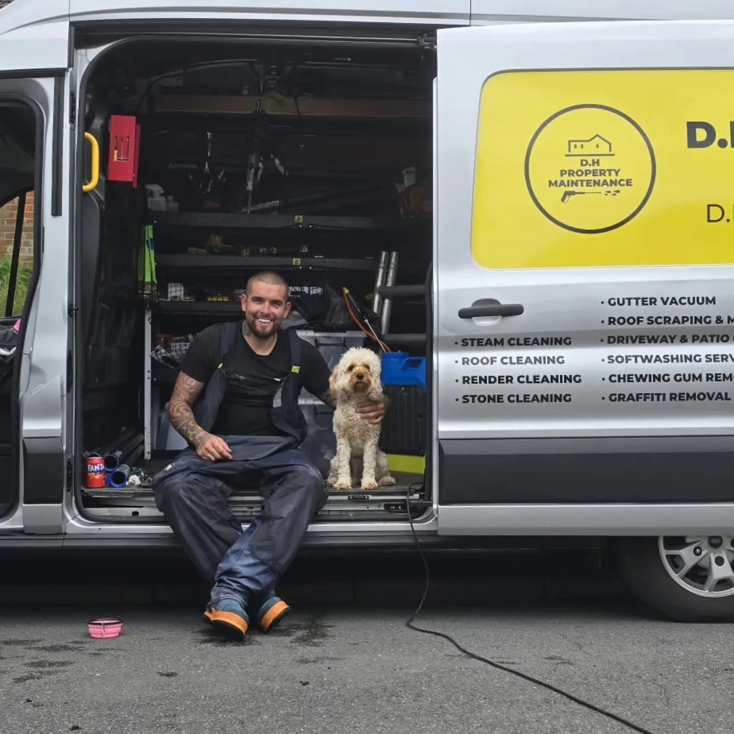 Dean with his branded van and dog