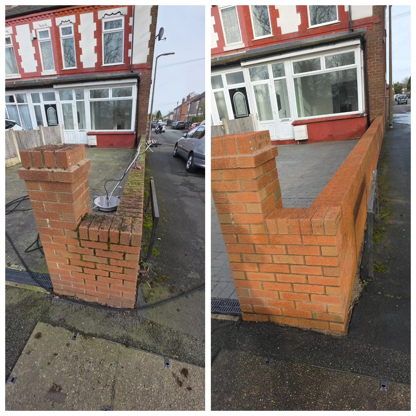 Brick wall before and after pressure washing